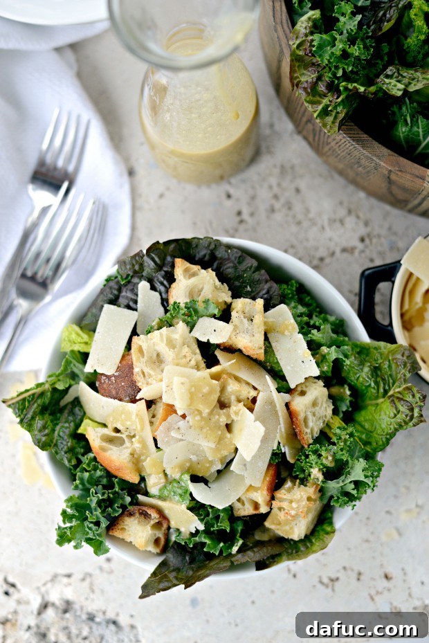 A Light Take on Kale Caesar Salad 26 Close-up of freshly dressed Kale Caesar Salad