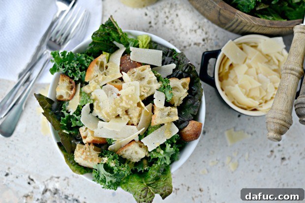 Fresh Kale Caesar with Light Caesar Dressing 27 Finished Kale Caesar Salad with a light vinaigrette, ready to be enjoyed.