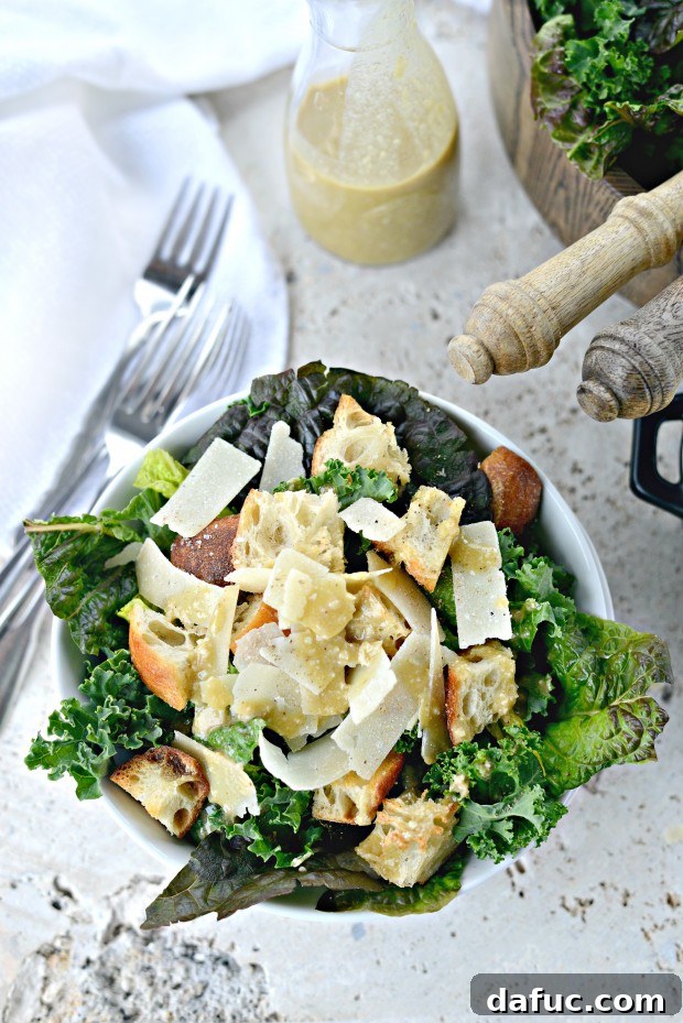 A Light Take on Kale Caesar Salad 28 Overhead view of a vibrant Kale Caesar Salad
