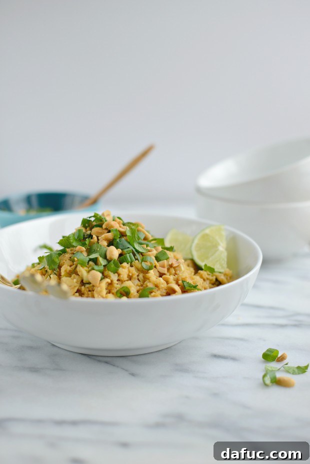 Close-up of Flavorful Thai Cauliflower Fried Rice l SimplyScratch.com
