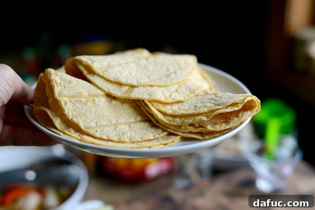 Warm corn tortillas ready for Portobello Fajitas