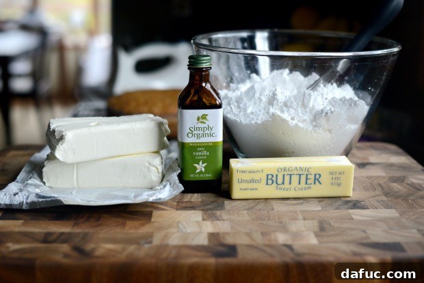 Ultimate Classic Cream Cheese Frosting 4 Ingredients for Cream Cheese Frosting laid out