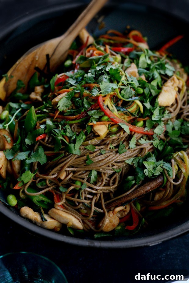 Vibrant Spring Chicken Soba Stir-Fry 20 Stir-fry ingredients being tossed together with miso sauce