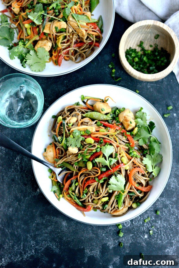 Vibrant Spring Chicken Soba Stir-Fry 22 Beautifully garnished bowl of Chicken and Spring Vegetable Soba Noodle Stir-Fry with extra sriracha