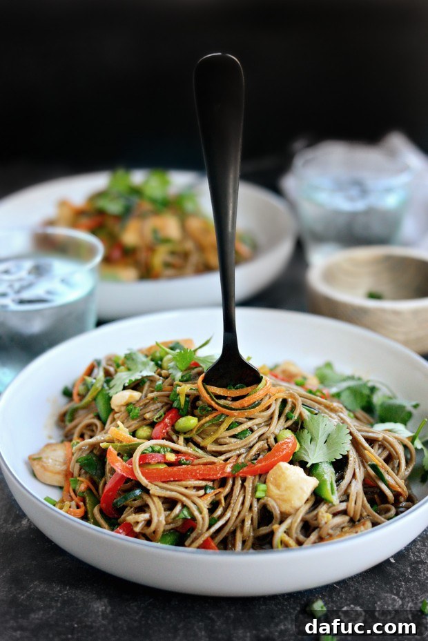 Vibrant Spring Chicken Soba Stir-Fry 23 Overhead shot of a delicious Chicken + Spring Vegetable Soba Noodle Stir-Fry bowl