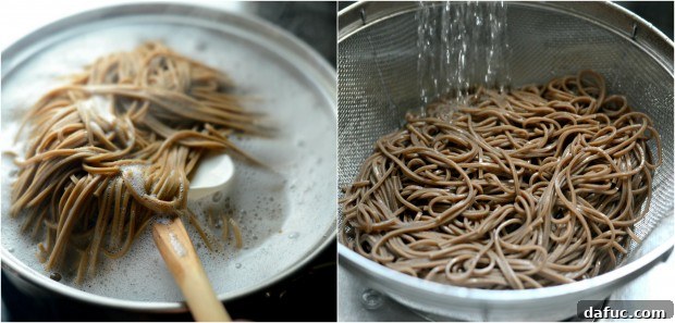 Vibrant Spring Chicken Soba Stir-Fry 9 Soba noodles boiling in a pot of water