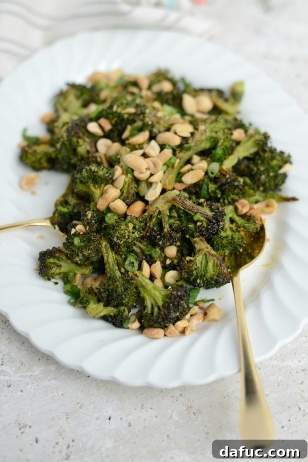 Savory Roasted Broccoli with Toasted Peanuts 18 A final, artistic shot of the roasted broccoli with peanuts, emphasizing its beautiful presentation.