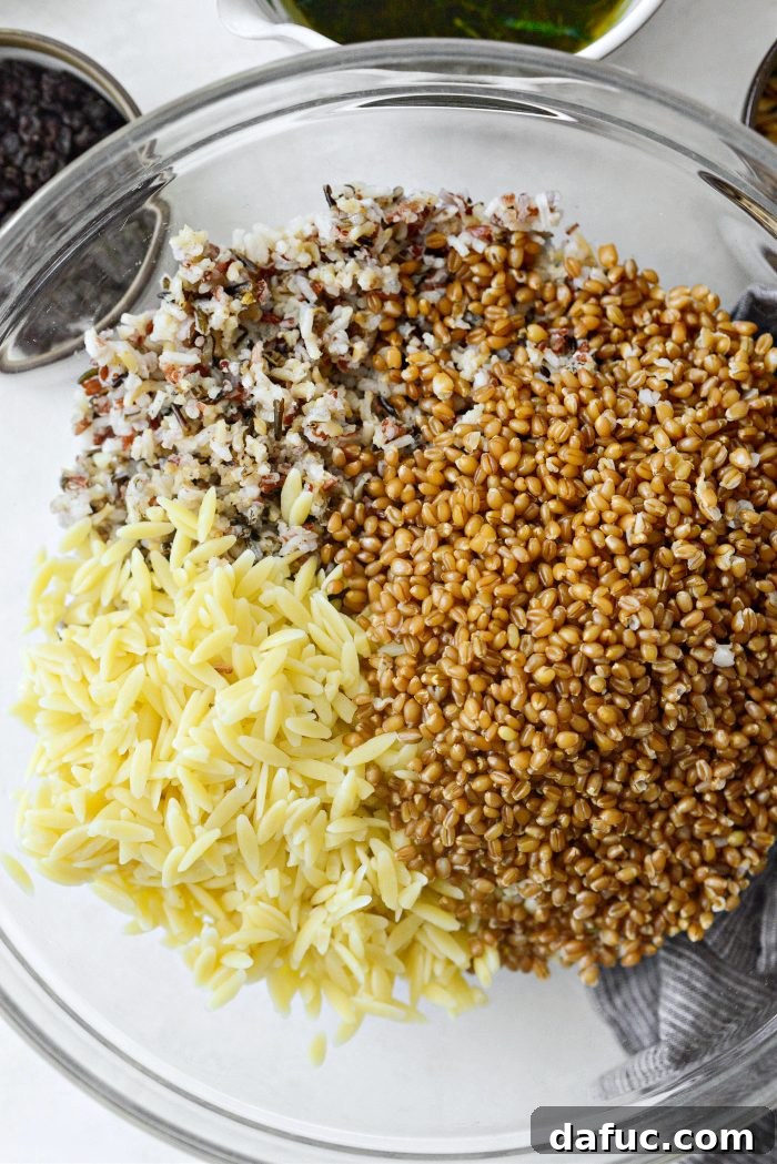 add grains and pasta to a large bowl