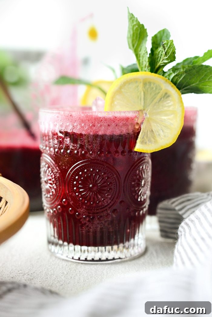 Garnished Blueberry Lemon White Wine Spritzer ready to be served