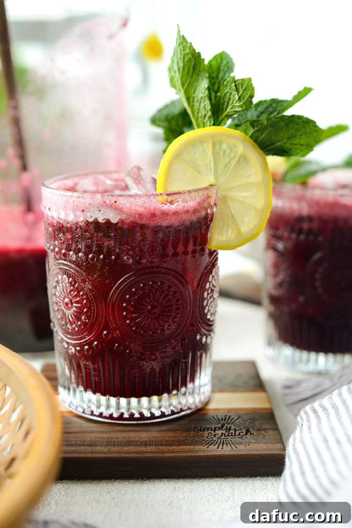 Close-up of a Blueberry Lemon White Wine Spritzer with mint and lemon