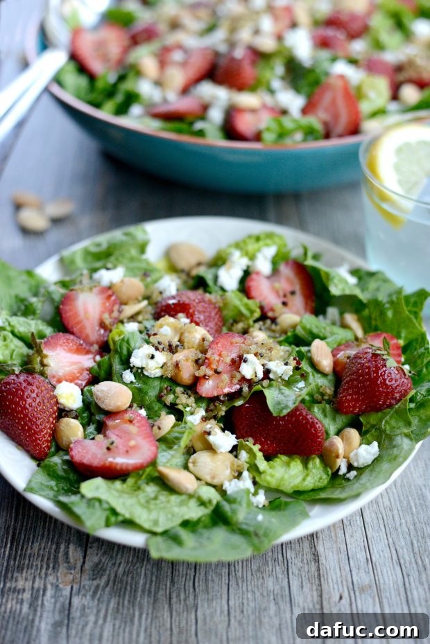 Sweet Strawberry and Creamy Goat Cheese Salad with Crispy Quinoa 18 Close-up of finished Strawberry Goat Cheese Salad with Crispy Fried Quinoa