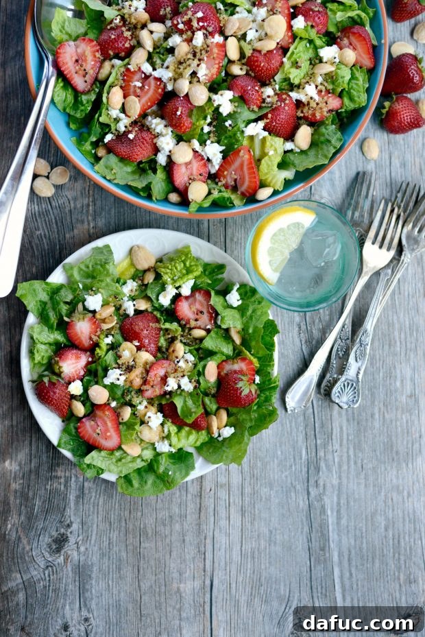 Sweet Strawberry and Creamy Goat Cheese Salad with Crispy Quinoa 19 Plate of Strawberry Goat Cheese Salad ready to eat