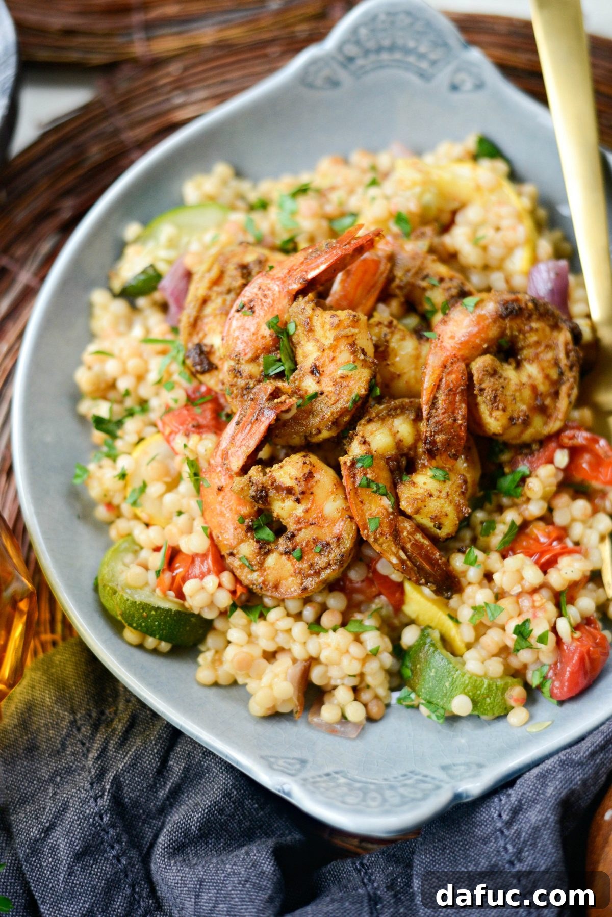 20 Effortless Weeknight Meals 7 Exotic North African Spiced Shrimp with roasted summer vegetable couscous