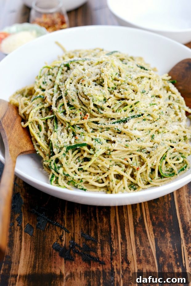Finished Whole Wheat Spaghetti with Zucchini and Spinach Almond Pesto