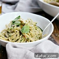 Whole Wheat Spaghetti with Zucchini and Spinach Almond Pesto Sauce
