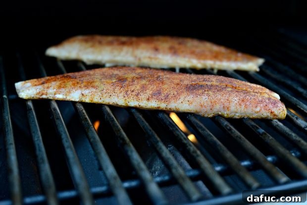 Grilled Red Snapper with a Vibrant Fiesta Olive Medley 18 Red snapper fillets cooking on hot, well-oiled grill grates.
