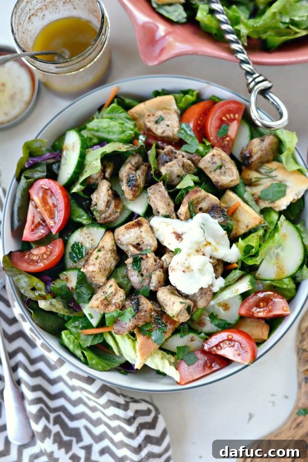 Final plated Chicken Tawook Salad, ready to be enjoyed