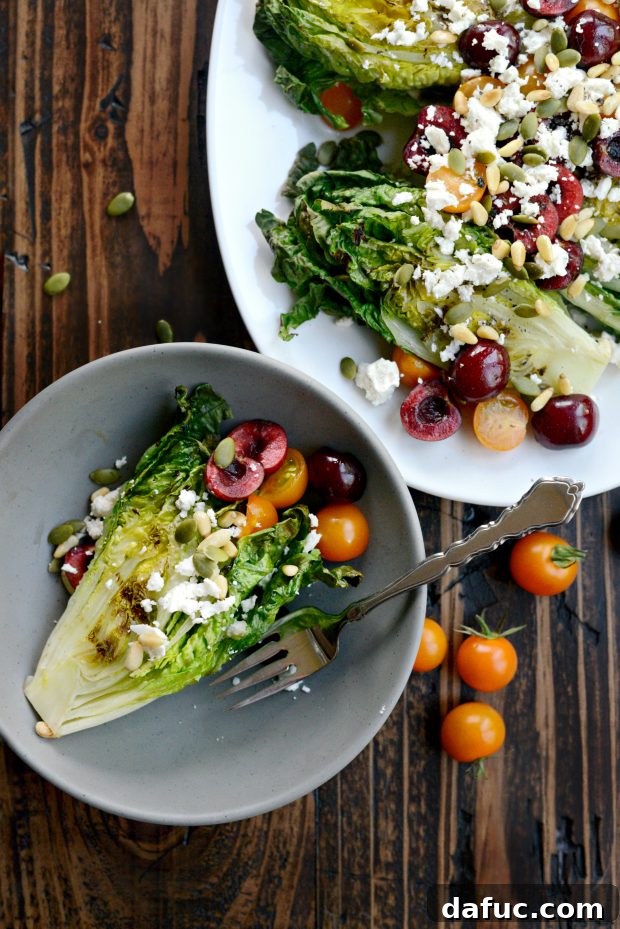 Sweet & Savory Grilled Romaine with Cherries, Feta, and Pine Nuts 3 Summer salad featuring grilled romaine, fresh cherries, and feta cheese