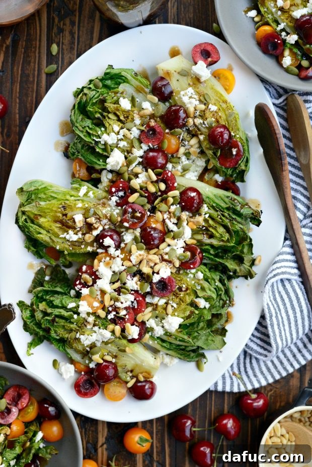 Sweet & Savory Grilled Romaine with Cherries, Feta, and Pine Nuts 6 Assembling the grilled romaine salad with cherries, tomatoes, feta, and nuts