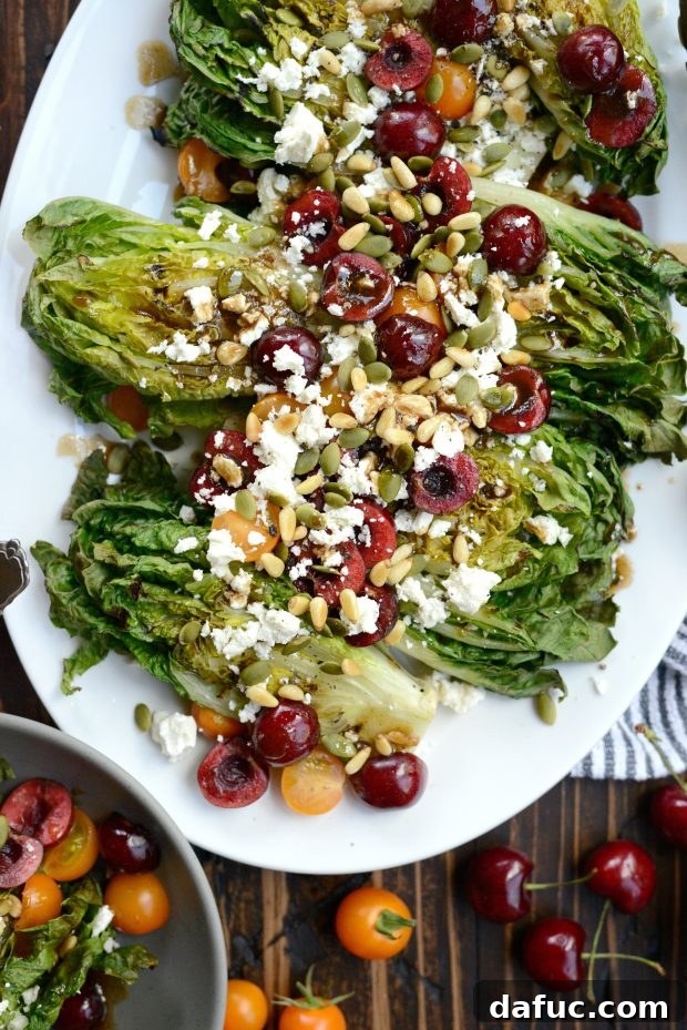 Sweet & Savory Grilled Romaine with Cherries, Feta, and Pine Nuts 8 Finished grilled romaine salad, ready to be served