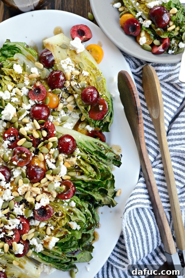 Sweet & Savory Grilled Romaine with Cherries, Feta, and Pine Nuts 10 Final plated Grilled Romaine Salad with Cherries, Feta, and Toasted Pine Nuts