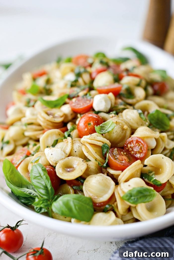 Garden Fresh Caprese Pasta 15 A large bowl of Caprese Pasta Salad