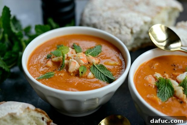 Rich Roasted Tomato Curry Soup with Succulent Shrimp and Fresh Mint