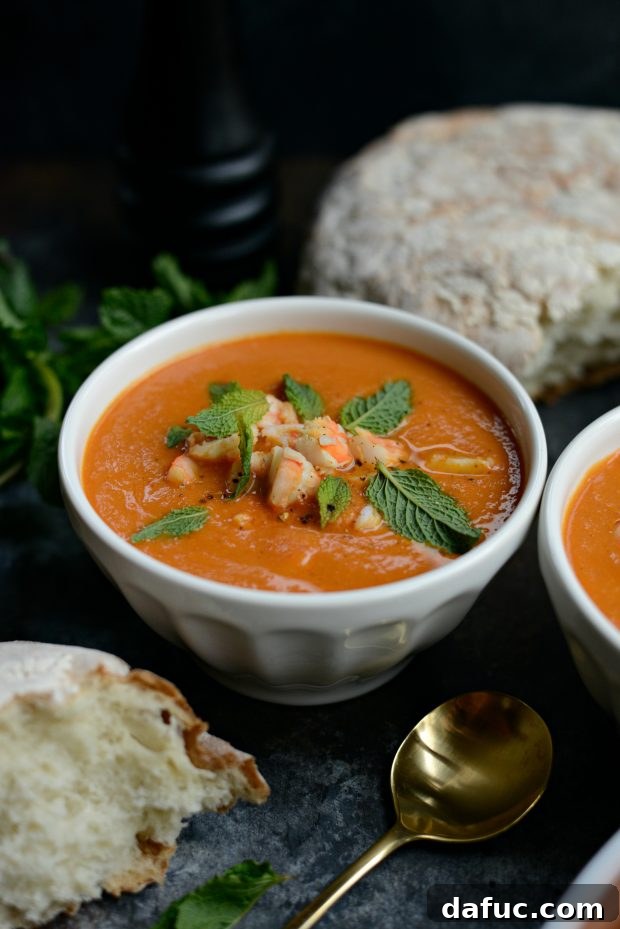Beautifully Plated Roasted Tomato Curry Soup with Fresh Herbs