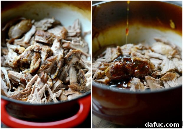 Korean Braised Pork Tacos 5 Shredded Korean BBQ pork in a Dutch oven, ready to be served in delicious tacos.