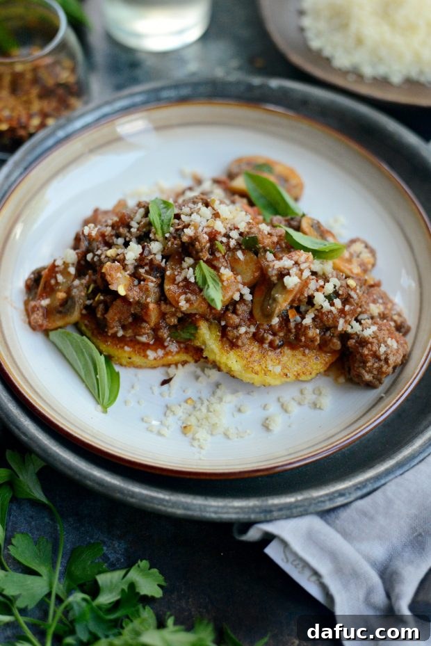 Hearty Beef and Mushroom Ragu on Crispy Golden Polenta 8 Beef and Mushroom Ragu over Fried Polenta