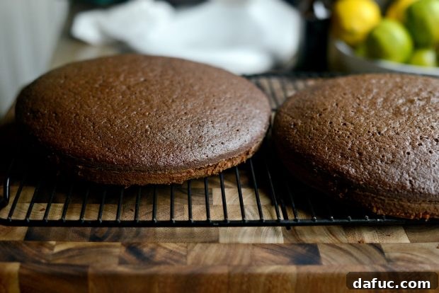 Baked chocolate cake layers inverted onto a wire rack to cool completely