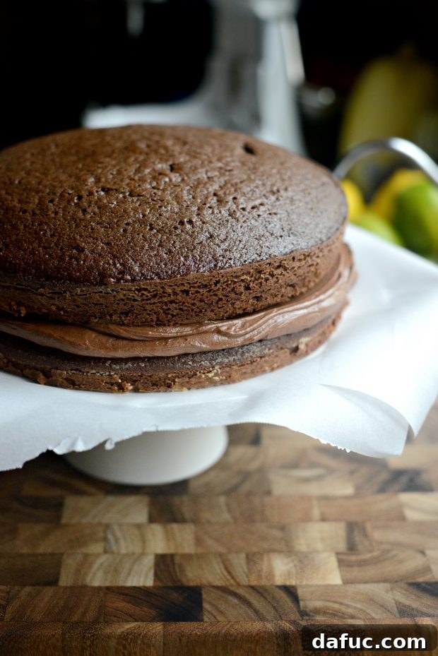 Adding the second layer of chocolate cake on top of the first frosted layer