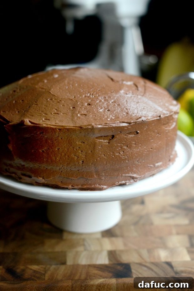 Fully frosted homemade chocolate cake on a cake stand, ready for decorations