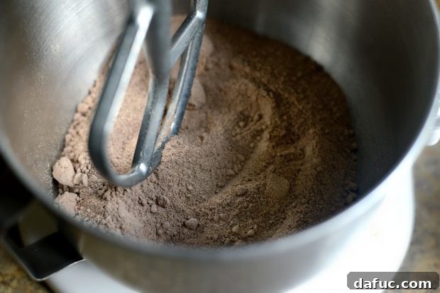Homemade chocolate cake mix in a stand mixer bowl, ready for liquid ingredients