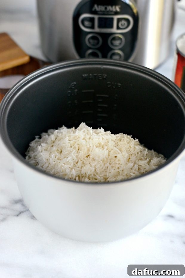 Effortless Rice Cooker Coconut Rice 5 Rinsed rice and kosher salt added to the inner pot of a rice cooker.