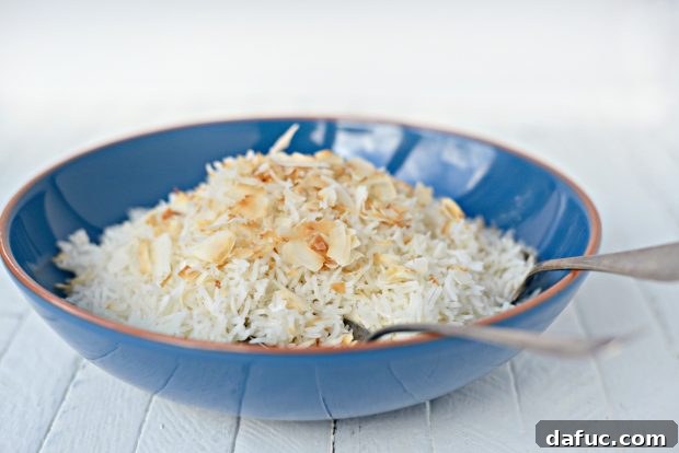 Effortless Rice Cooker Coconut Rice 9 A close-up shot of a bowl of fluffy Rice Cooker Coconut Rice, highlighting its inviting texture.