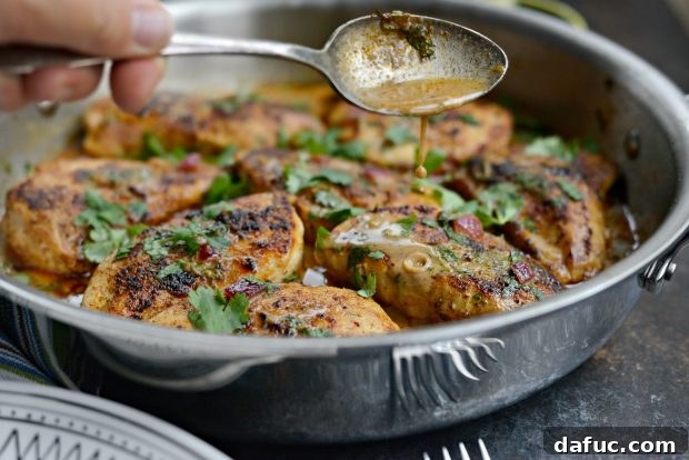 Easy One Skillet Creamy Cilantro Lime Chicken - Golden brown chicken cutlets in a skillet, ready for sauce.