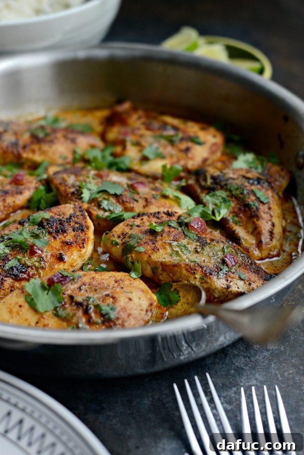 Easy One Skillet Creamy Cilantro Lime Chicken - The finished dish, ready to be served, garnished with fresh cilantro.