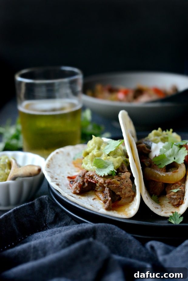 Close up of a homemade Slow Cooker Steak Fajita, ready to eat