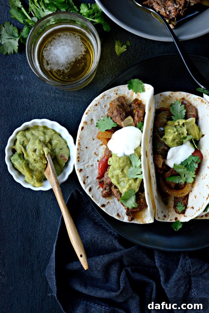 Close up of slow cooker steak fajitas ready to be served