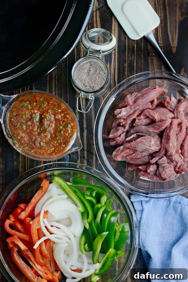 Ingredients for Easy Slow Cooker Steak Fajitas, including london broil, peppers, onions, salsa, and seasoning
