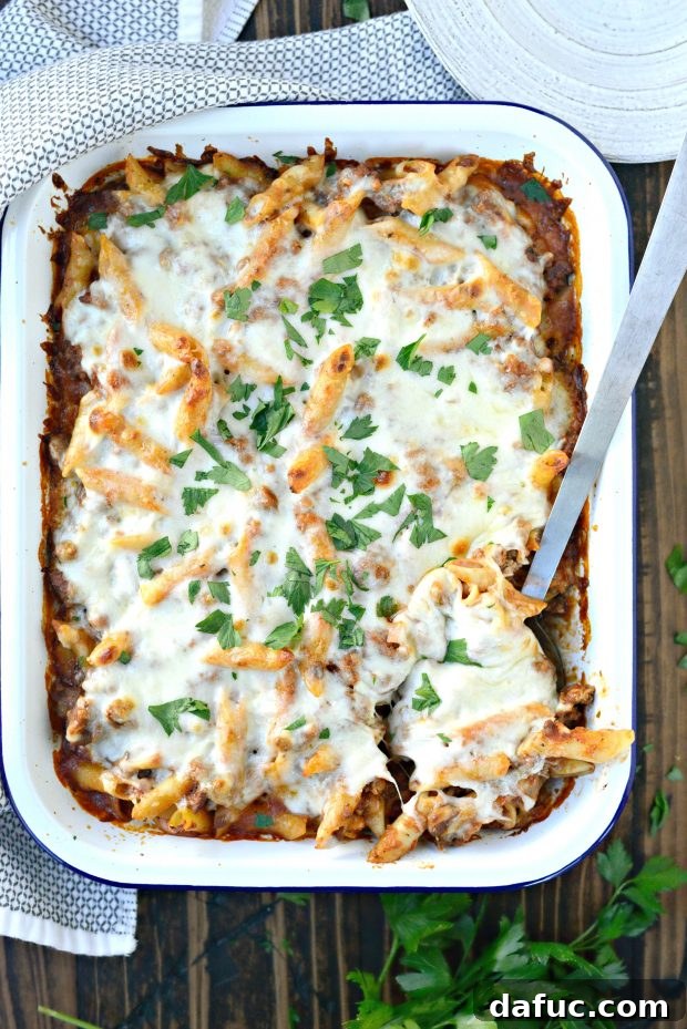 Italian Sausage Mostaccioli garnished with fresh parsley