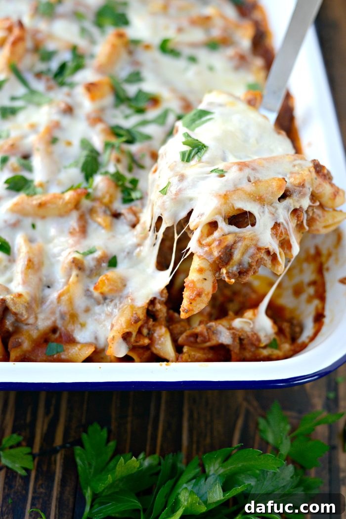 Close-up of baked Italian Sausage Mostaccioli in a pan