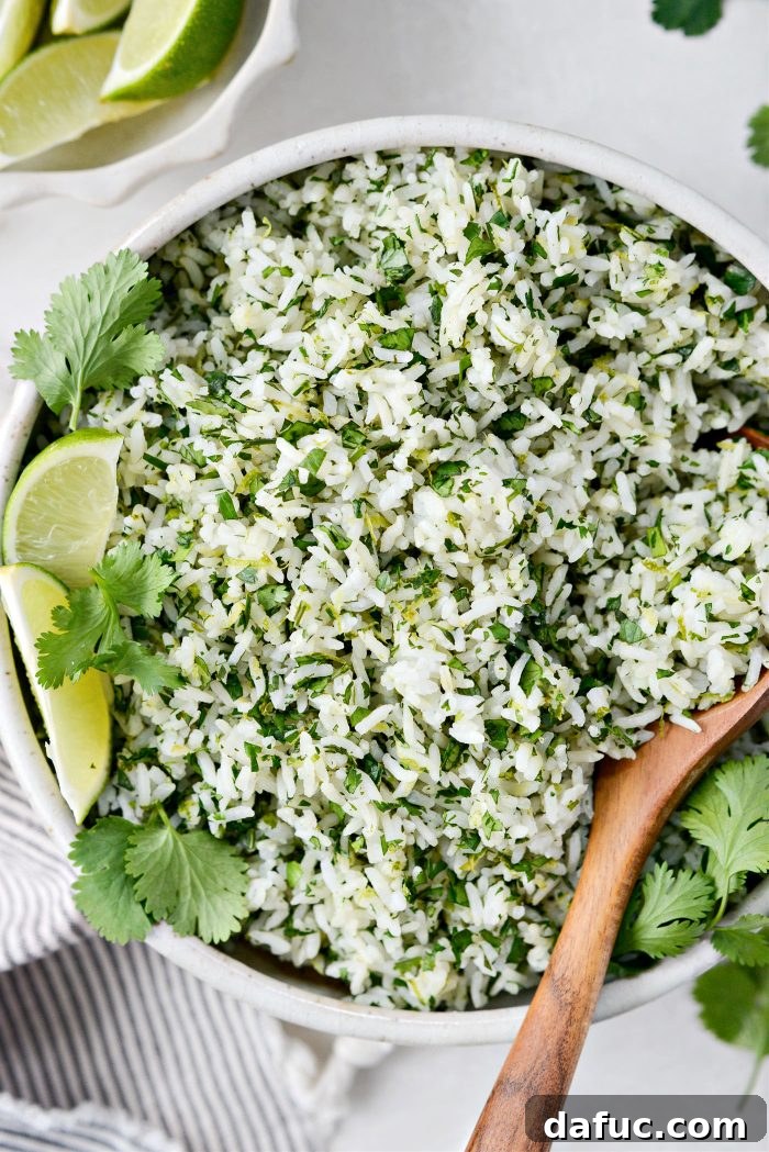 Close-up of a serving of Cilantro Lime Rice with a hint of steam rising