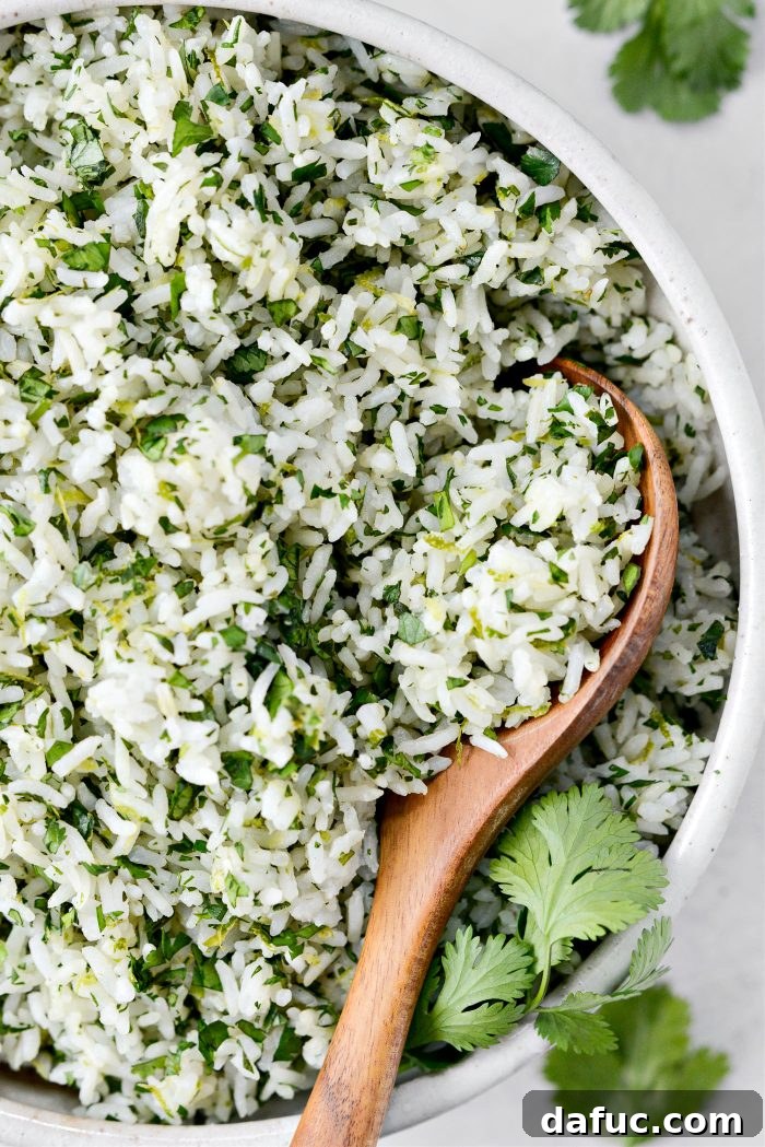 Another appealing shot of Cilantro Lime Rice in a white bowl