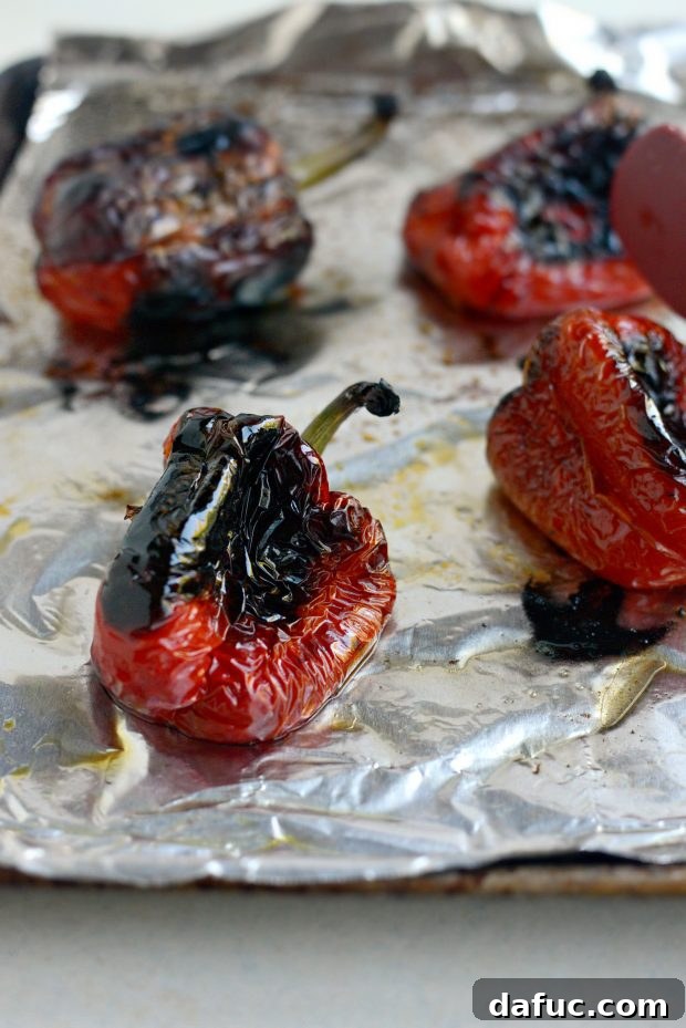 Charred skin of oven roasted red pepper
