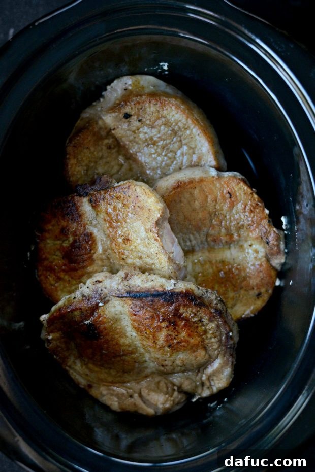 Seared pork chops placed inside a slow cooker