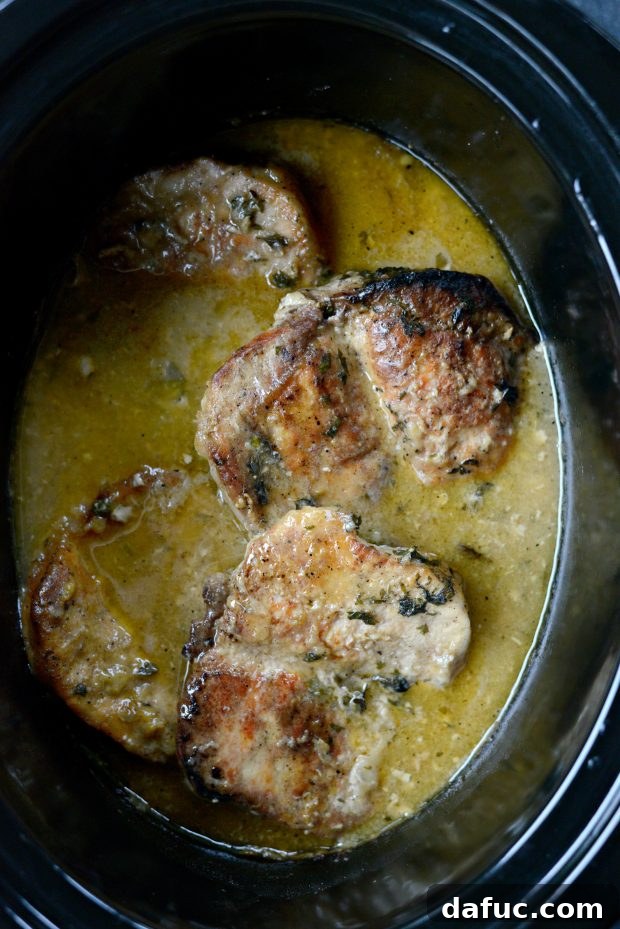 Slow cooker pork chops with herb gravy bubbling in the slow cooker