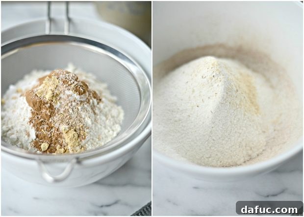 Sifting dry ingredients together for a light and airy pumpkin coffee cake