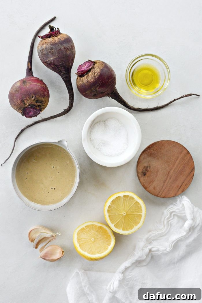 Crimson Root Hummus 4 Ingredients laid out for Roasted Beet Hummus